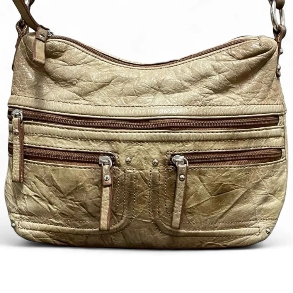 Stone & Co Leather Crossbody Shoulder Bag Adjustable Strap Olive Green Tan Brown
